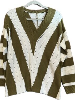 V-Neck Striped Knit Sweater - Olive Green & Cream